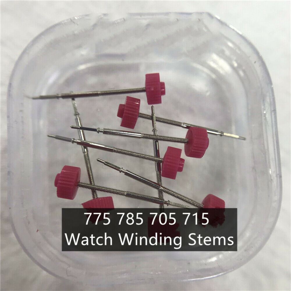 Set of 10 generic watch winding stems for Ronda 775, 785, 705, 715 movements, ideal for repairs.