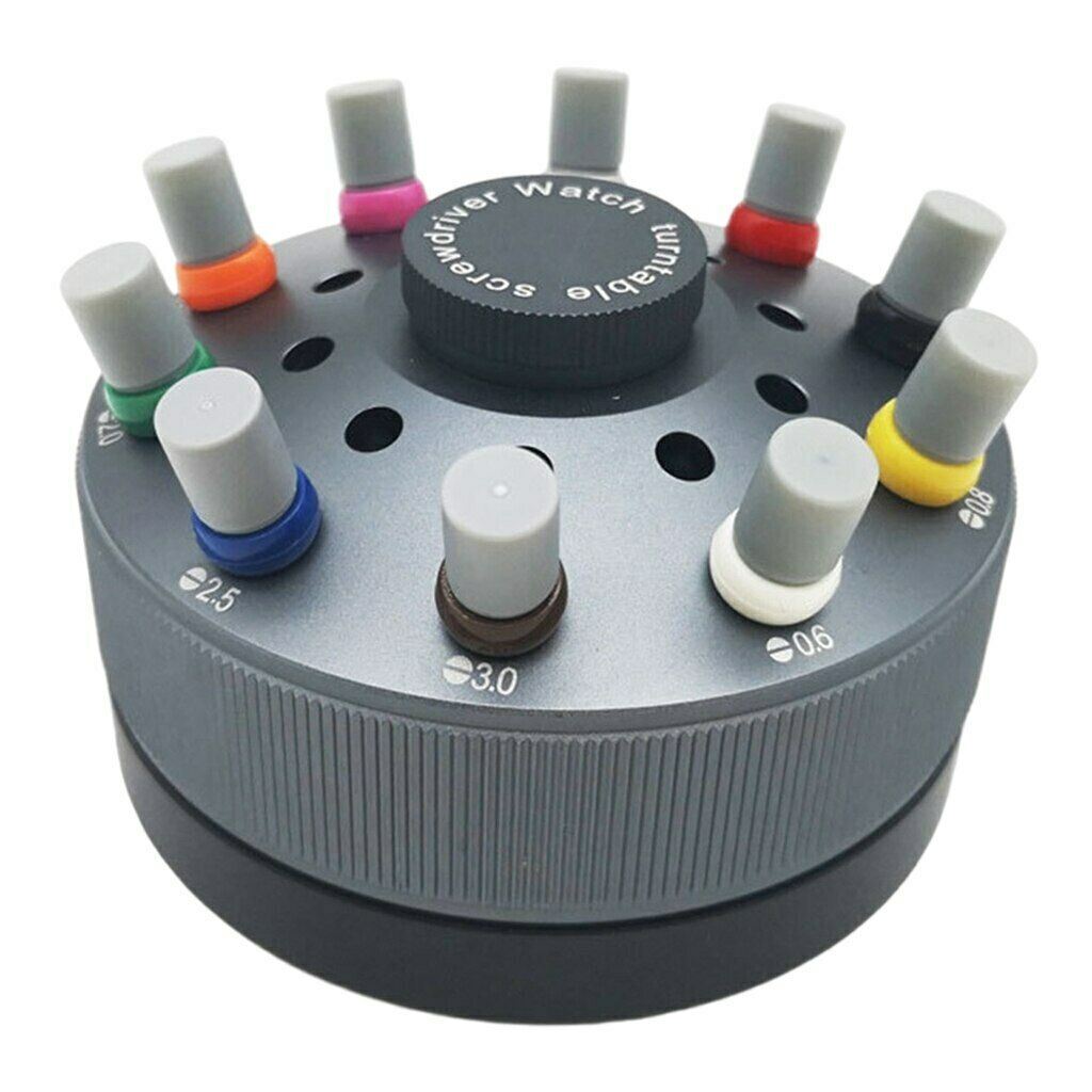 China Made 30081-S10 watchmaker screwdriver with rotating turntable stand for precise watch repairs and adjustments.