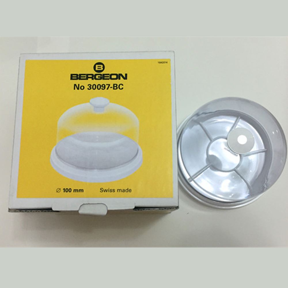 Bergeon 30097-BC dust cover and tray divided for organized watch parts storage and repair.