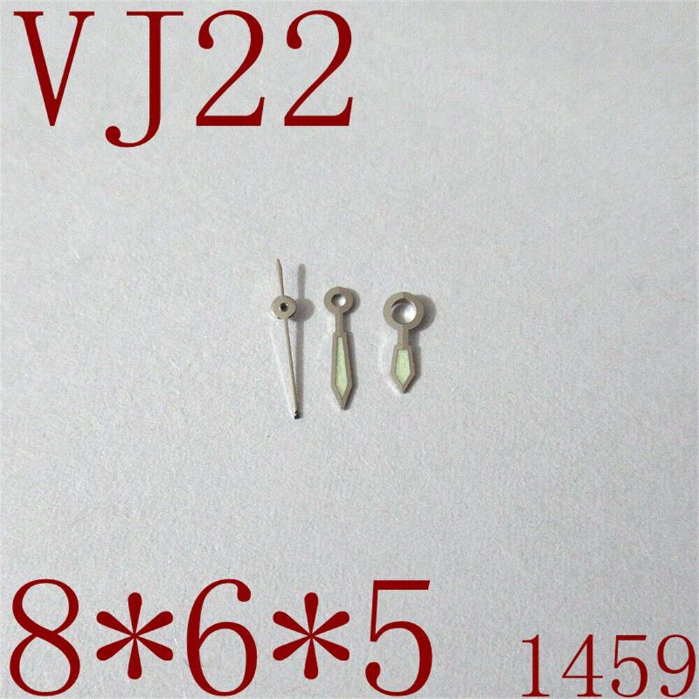 Generic luminous hour, minute, and second watch hands set for VJ22 movement, enhances visibility in low light.