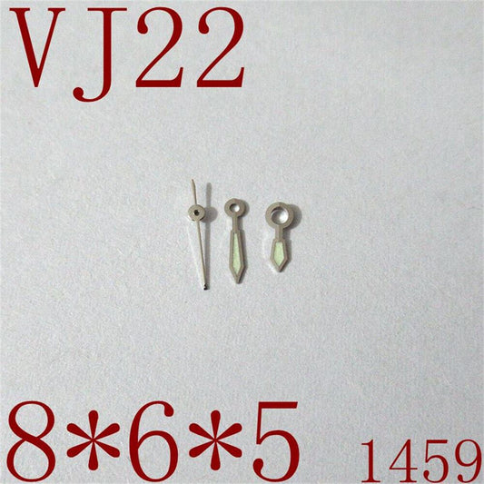 Generic luminous hour, minute, and second watch hands set for VJ22 movement, enhances visibility in low light.