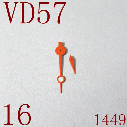 Orange watch hands set for VD57 movement with hour, minute, and second hands by Brand 1449