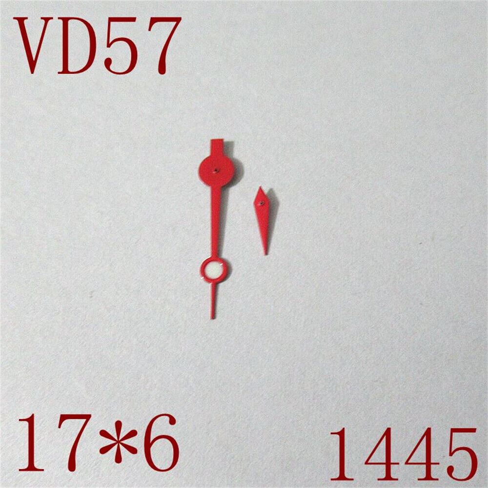 Red watch hands set for VD57 movement, including hour, minute, and second hands by 1445 brand.