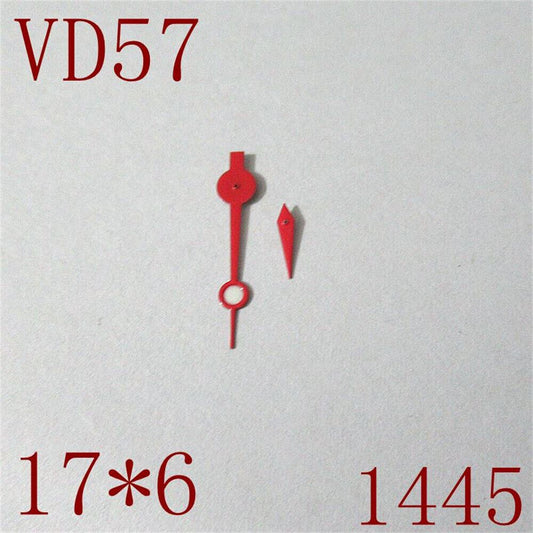 Red watch hands set for VD57 movement, including hour, minute, and second hands by 1445 brand.