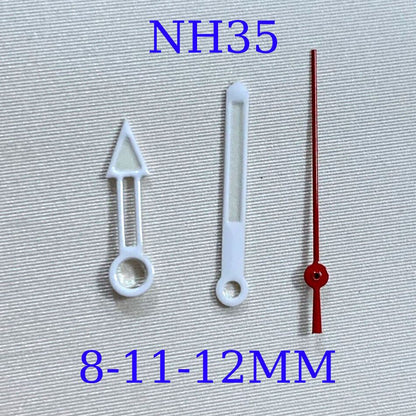 White and red hollow watch hands set for NH35/NH36 movement, precise time detailing