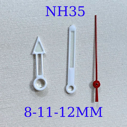 White and red hollow watch hands set for NH35/NH36 movement, precise time detailing