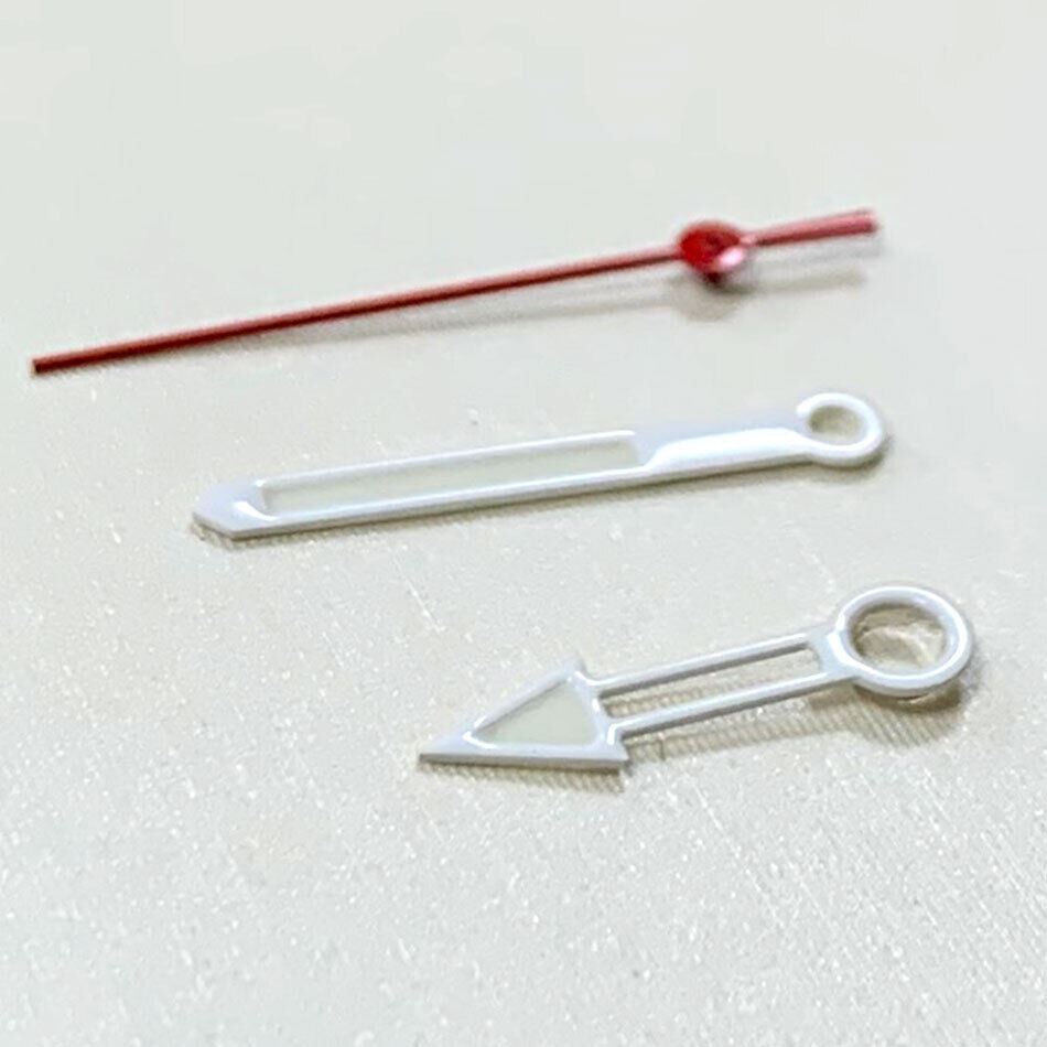White and red hollow watch hands set, compatible with NH35/NH36 movement, precise and stylish design.