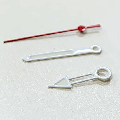 White and red hollow watch hands set, compatible with NH35/NH36 movement, precise and stylish design.