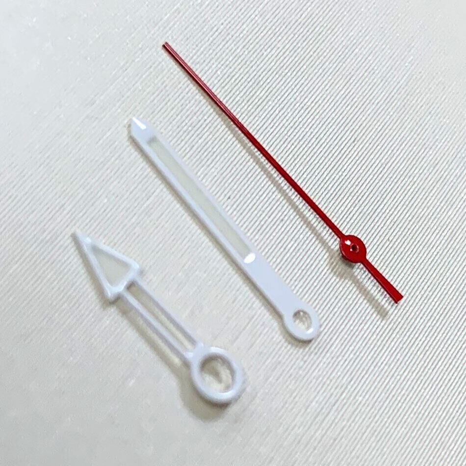 White and red hollow watch hands set, designed for NH35/NH36 movement with precise time detailing.