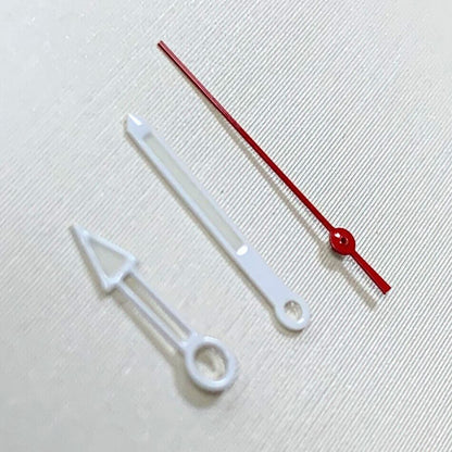 White and red hollow watch hands set, designed for NH35/NH36 movement with precise time detailing.