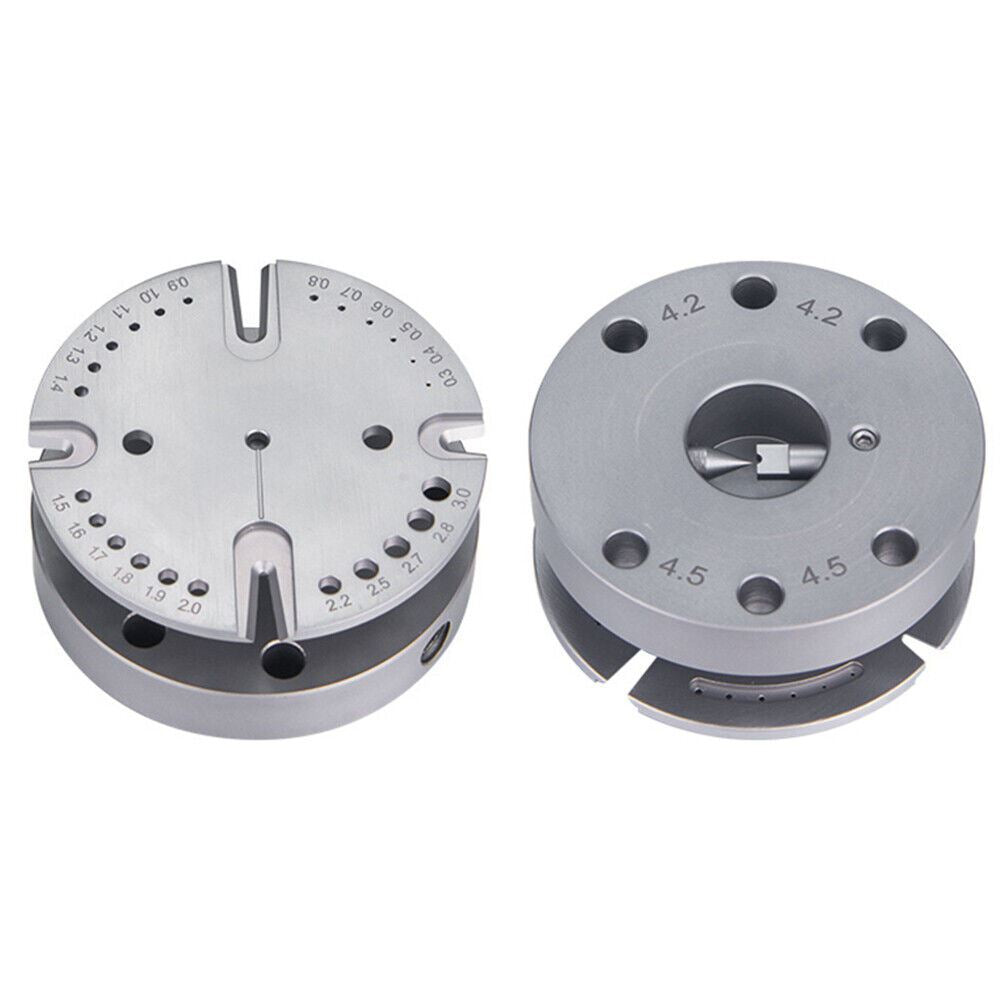 Blue rotated stand holding watch balance staff and hairspring for precise watchmaker repairs.