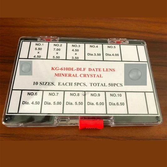 Round rectangular mineral bubble lens with date window magnifier for watch crystal, enhancing time readability.