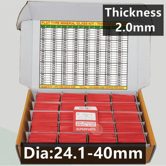 Set of 160 flat round mineral crystal watch glasses, 2.0mm thick, sizes 24.1-40mm for watch repair and replacement.