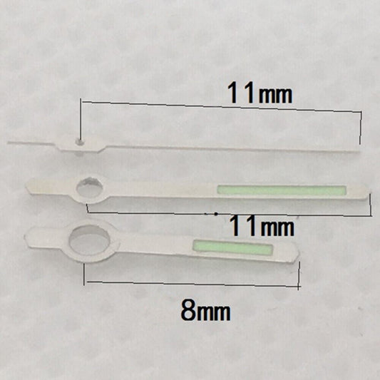11mm silver green luminous watch hands for Miyota 8205 movement, enhancing visibility and style.