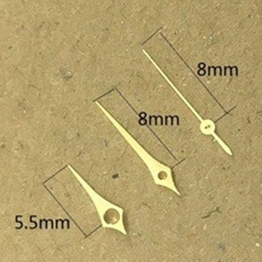 8mm rhombus-shaped golden watch hands by Epson for TMI VJ12 quartz movement, no luminous coating.
