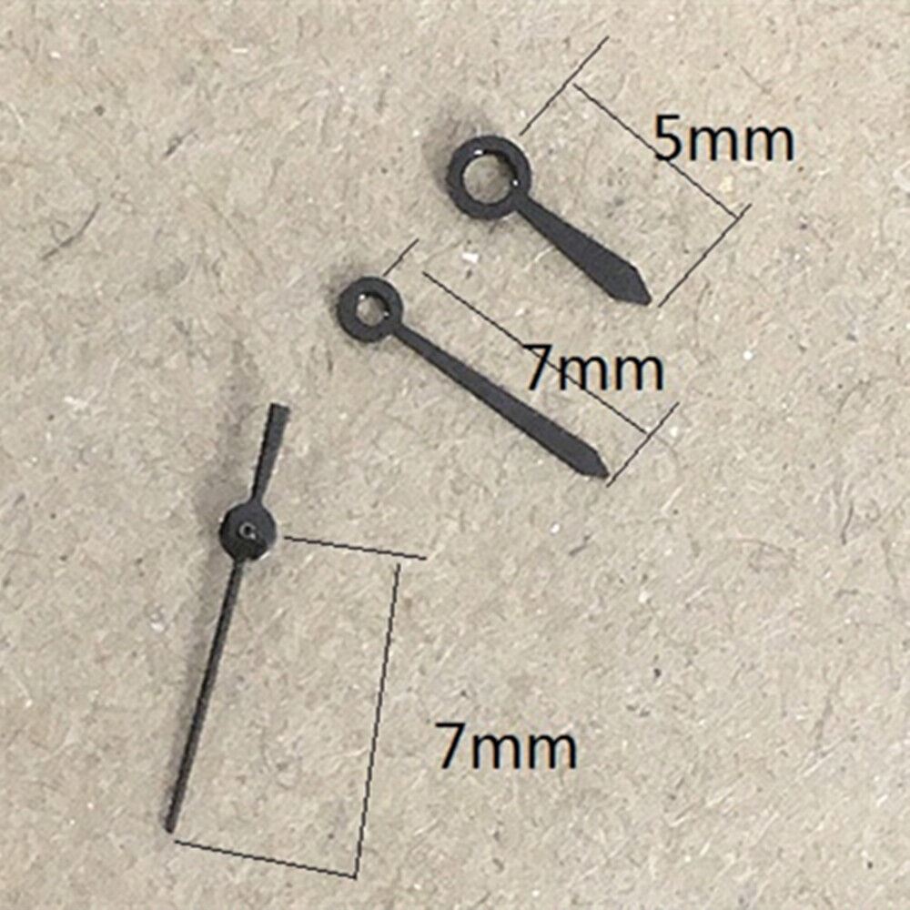 7mm matted black no lume watch hands by Epson for TMI VJ22 quartz movement, sleek and precise.