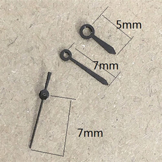 7mm matted black no lume watch hands by Epson for TMI VJ22 quartz movement, sleek and precise.