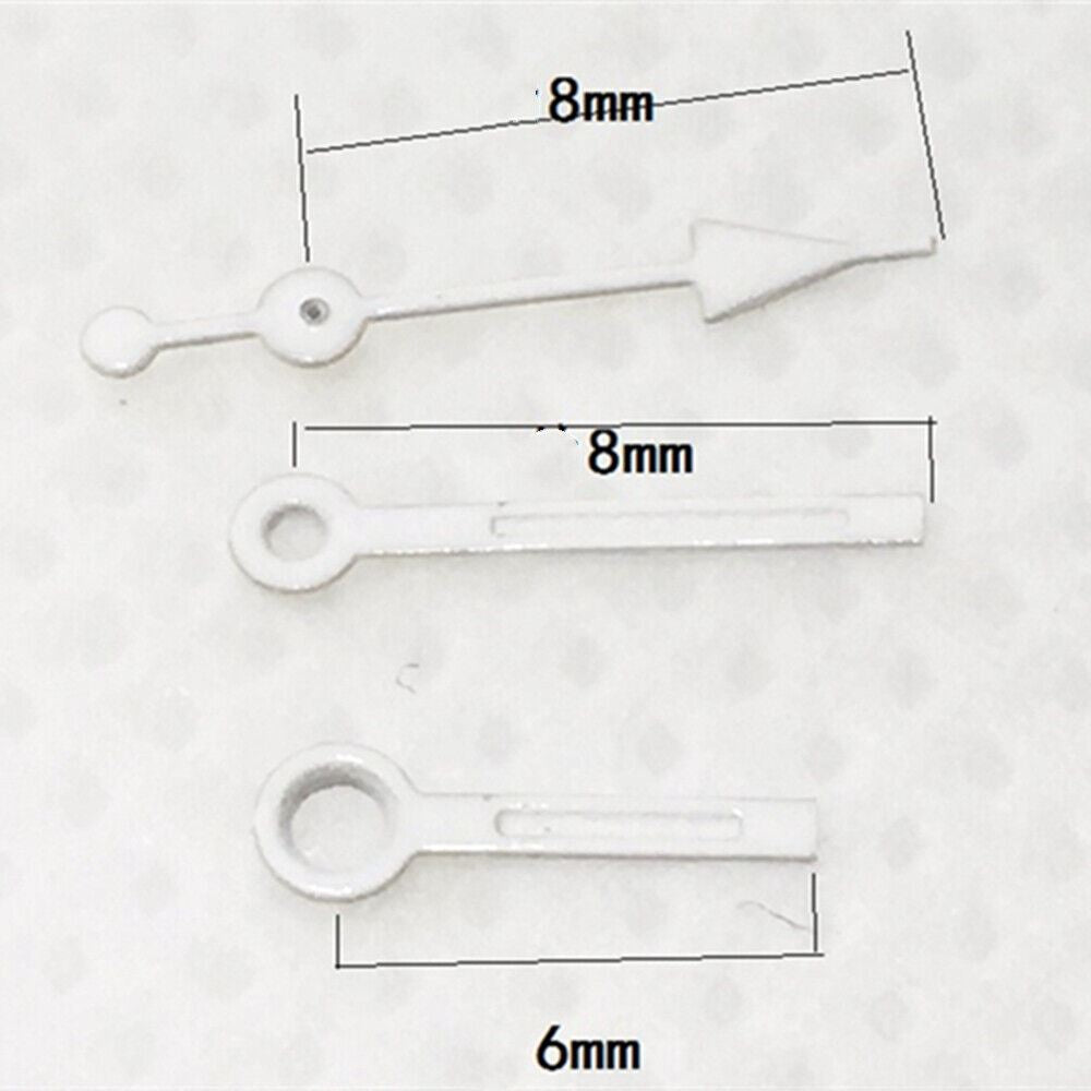8mm white-trimmed green lume watch hands compatible with Miyota 7T35 quartz movement.