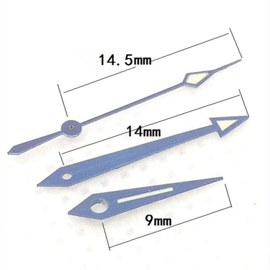 Green luminous arrow-shaped watch hands with purple accents, designed for China Made 2813 movement watches.