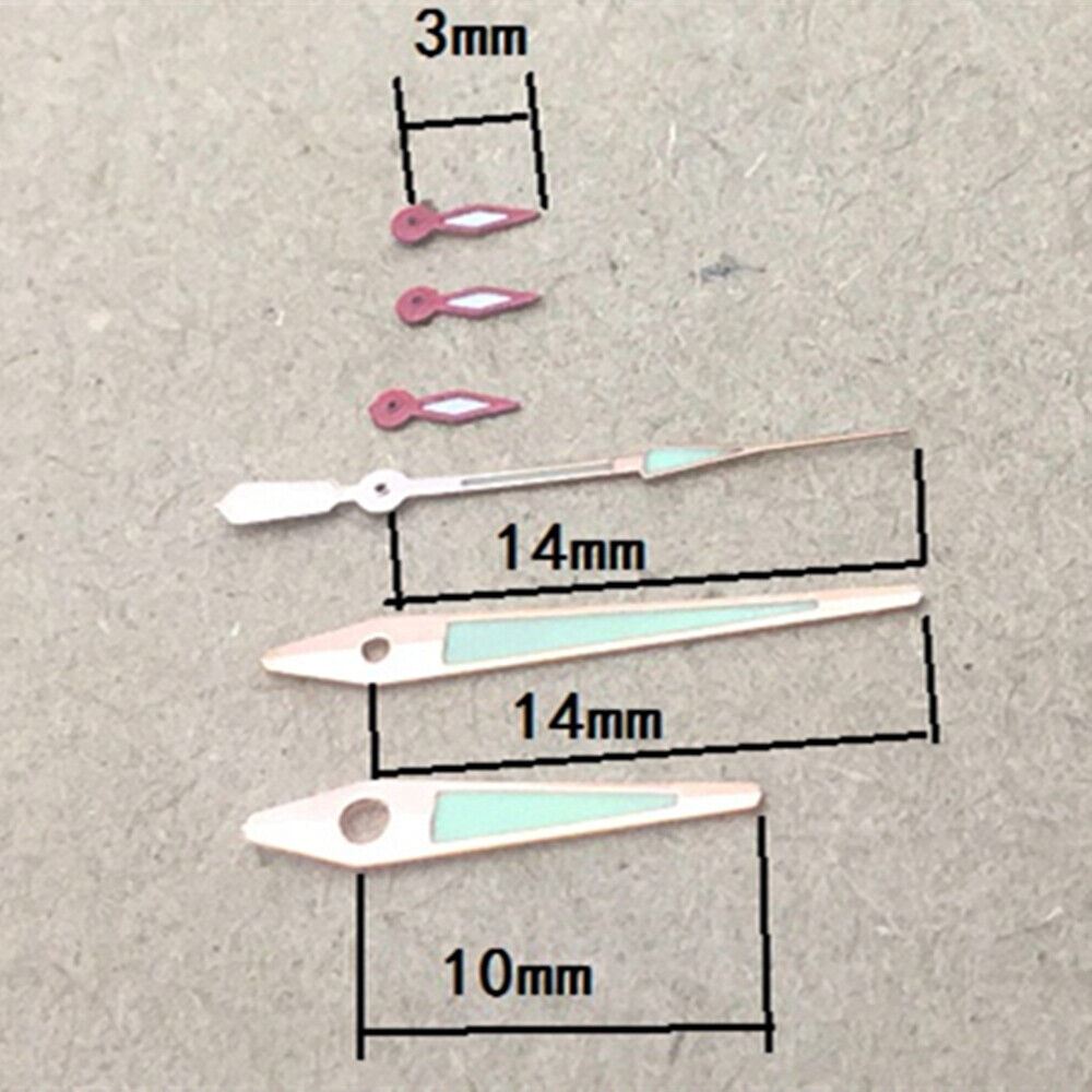 14mm green luminous watch hands with rose gold trim for ISA 9238 quartz movement, enhancing readability and style.