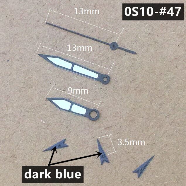 Dark blue trim green luminous watch hands for Miyota 0S10 quartz movement, precise fit.
