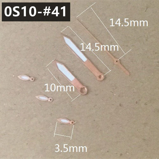 Rose golden trim green lume watch hands for Miyota 0S10 quartz movement, stylish and precise accessory.