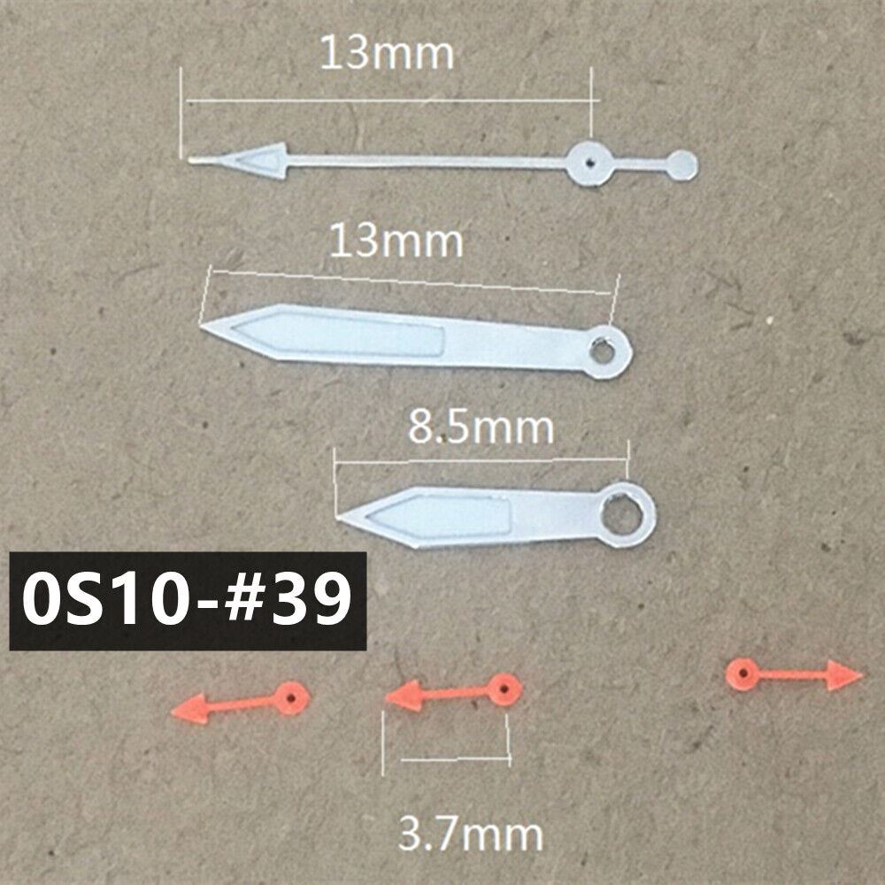 13mm silver-trimmed green luminous pointed watch hands for Miyota 0S10 movement, ideal for precision timekeeping.
