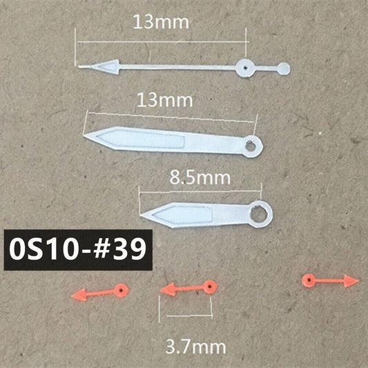 13mm silver-trimmed green luminous pointed watch hands for Miyota 0S10 movement, ideal for precision timekeeping.