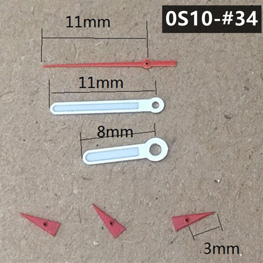 Red 11mm watch hands with silver trim and green luminous accents for Miyota 0S10 quartz movement.