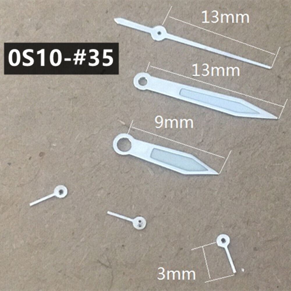 Pointed 13mm green luminous watch hands with silver trim, compatible with Miyota 0S10 movement.
