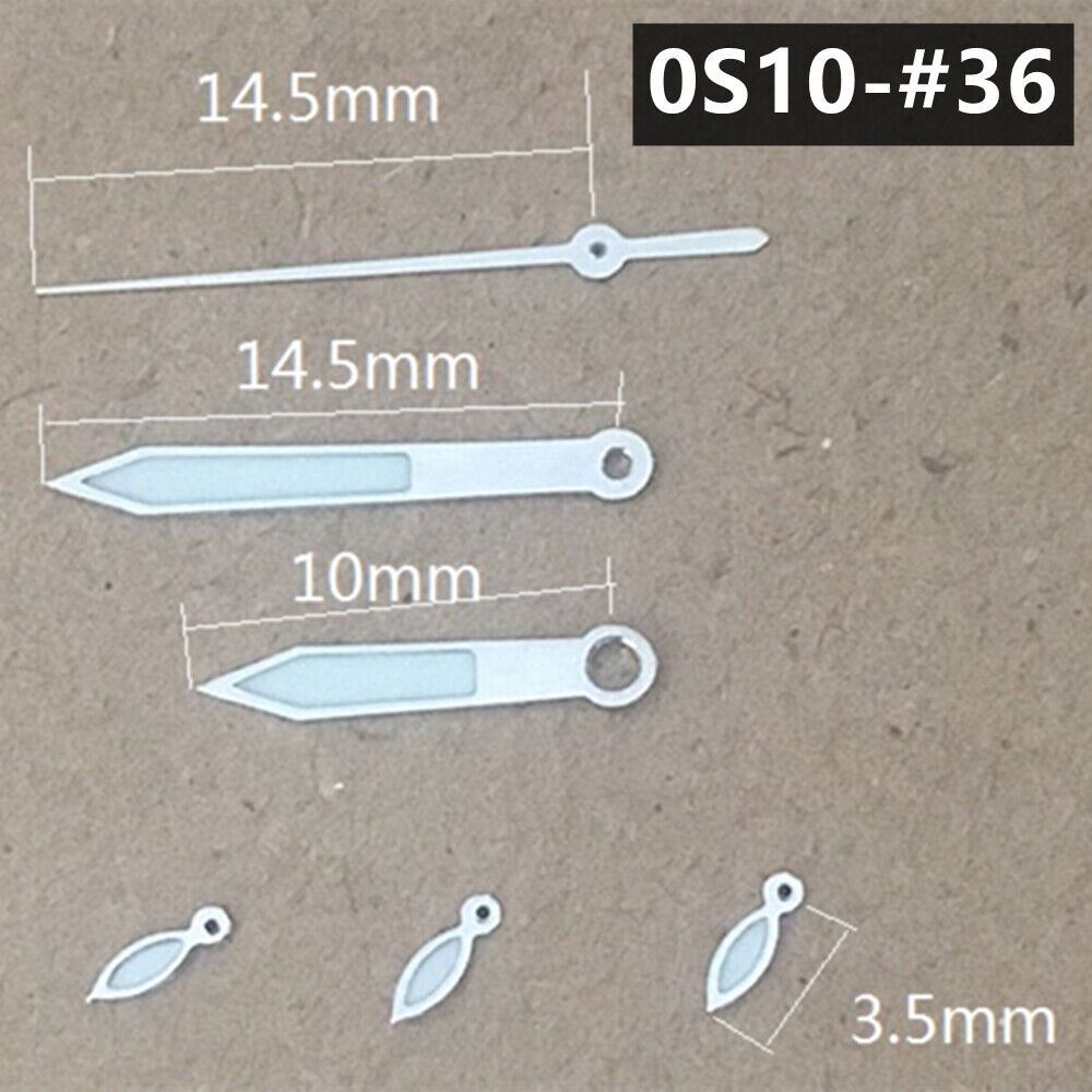 Silver trimmed green luminous watch hands, 14.5mm, for Miyota 0S10 movement