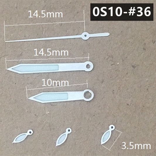 Silver trimmed green luminous watch hands, 14.5mm, for Miyota 0S10 movement