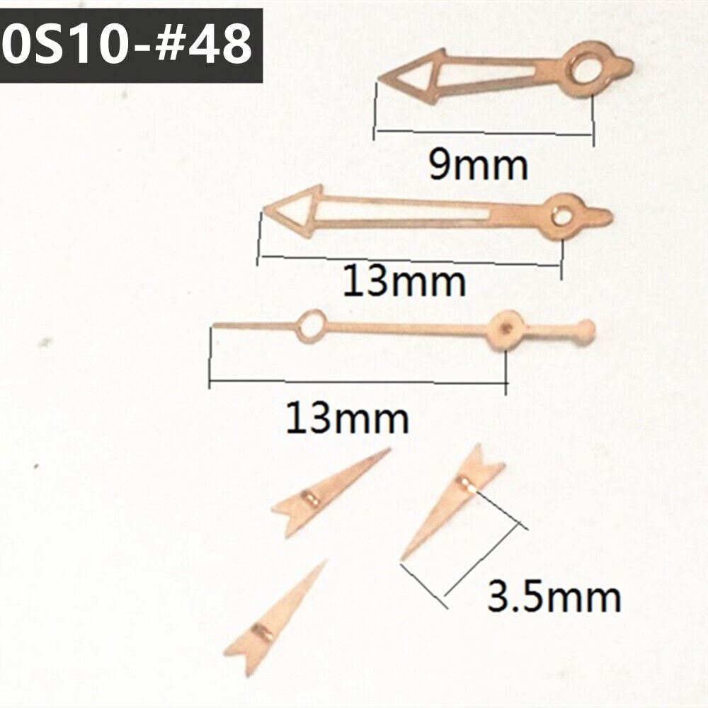Rose Golden 13mm luminous watch hands with green accents for Miyota 0S10 quartz movement.