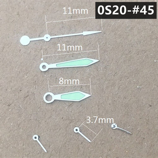 Silver trimmed green luminous watch hands, 11mm, for Miyota 0S20 movement, enhancing visibility and style.