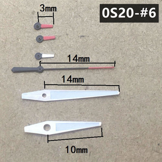 Silver-trimmed green luminous pointed watch hands for Miyota 0S20 movement, 14mm length, precise time reading.