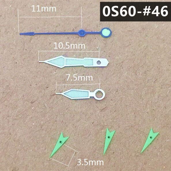 Dark blue 11mm watch hands with silver trim and green luminous tips, compatible with Miyota 0S60 movement,.