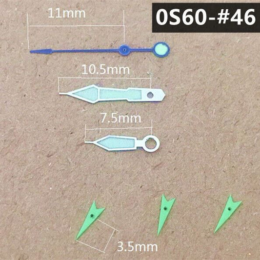 Dark blue 11mm watch hands with silver trim and green luminous tips, compatible with Miyota 0S60 movement,.