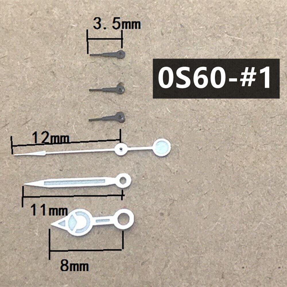 Black 12mm watch hands with silver trim and green luminous tips, compatible with Miyota 0S60 movement.
