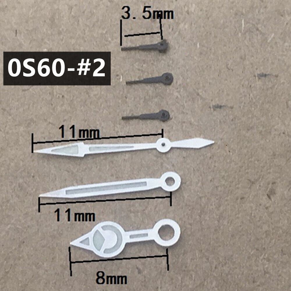 Black 11mm watch hands with silver trim and green luminous accents for Miyota 0S60 movement, enhancing readability and style.