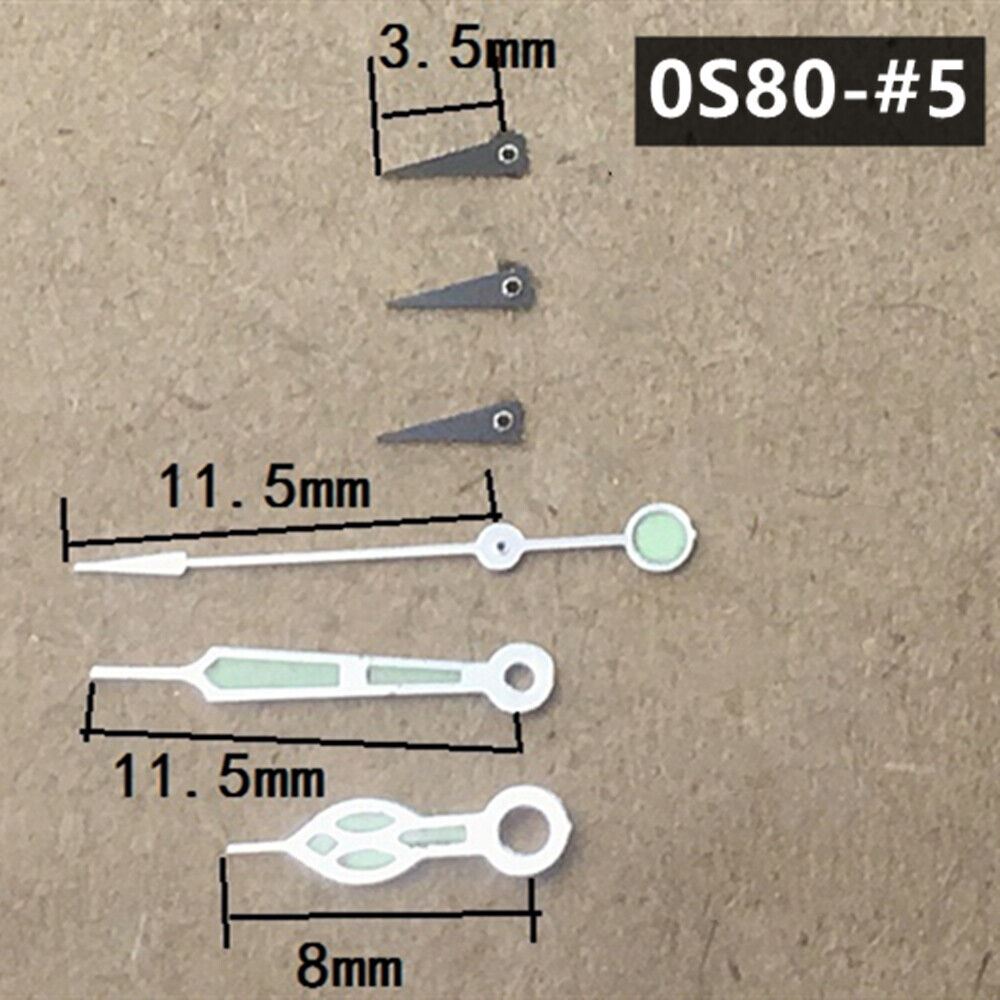 Black 11.5mm watch hands with silver trim and green luminous fill for Miyota 0S80 movement