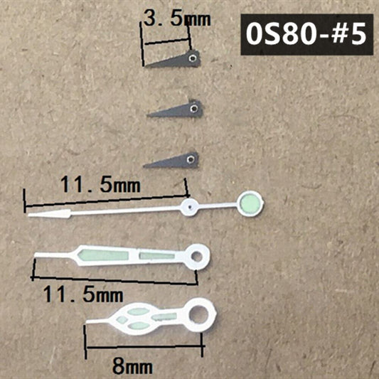 Black 11.5mm watch hands with silver trim and green luminous fill for Miyota 0S80 movement