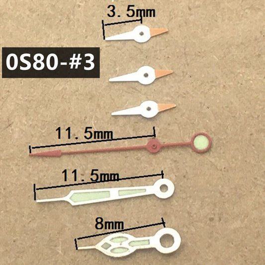 Red 11.5mm watch hands with silver trim and green luminous details for Miyota 0S80 movement.