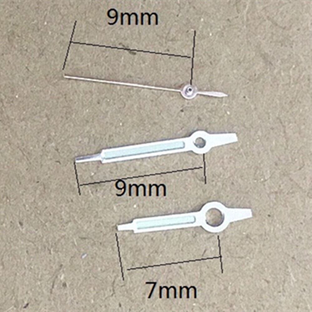 Silver trim green lume 9mm watch hands for Miyota 1M12 quartz movement, precise timekeeping accessory.
