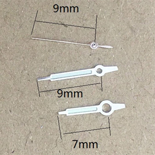 Silver trim green lume 9mm watch hands for Miyota 1M12 quartz movement, precise timekeeping accessory.