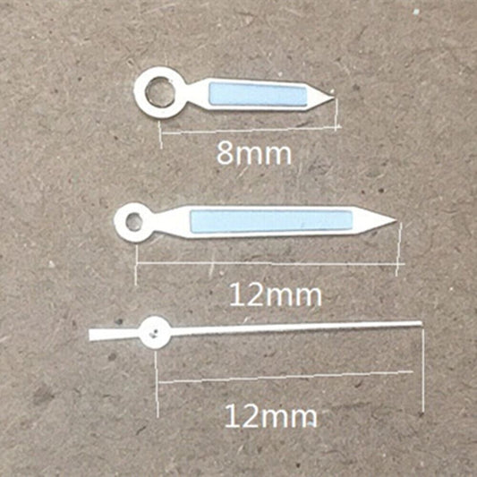 Silver-trimmed green lume 12mm watch hands for Miyota 1M12 Japan quartz movement, precise timekeeping accessory.