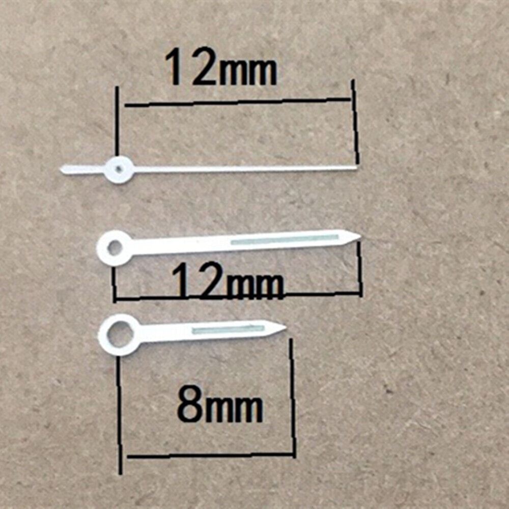 Silver trim green lume 12mm watch hands for Miyota 6M12 quartz movement, enhancing visibility and style.