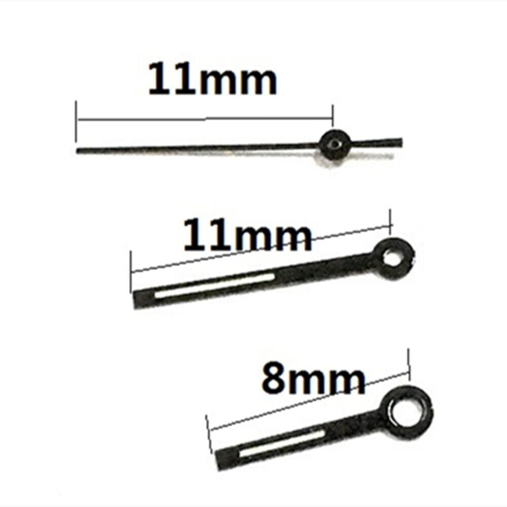 Black trim green lume 11mm watch hands for Miyota 6M12 quartz movement, luminous and precise.