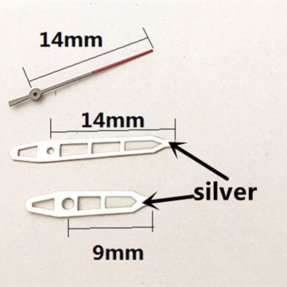 14mm silver-trimmed green lume watch hands for Hattori Epson PC32 quartz movement, precise fit and visibility.