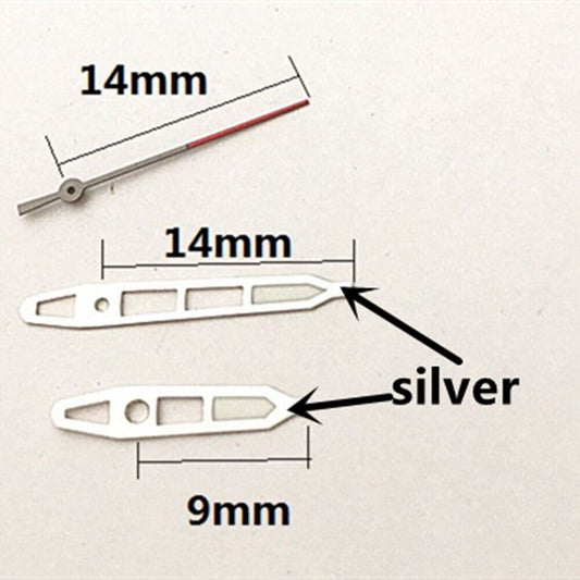 14mm silver-trimmed green lume watch hands for Hattori Epson PC32 quartz movement, precise fit and visibility.