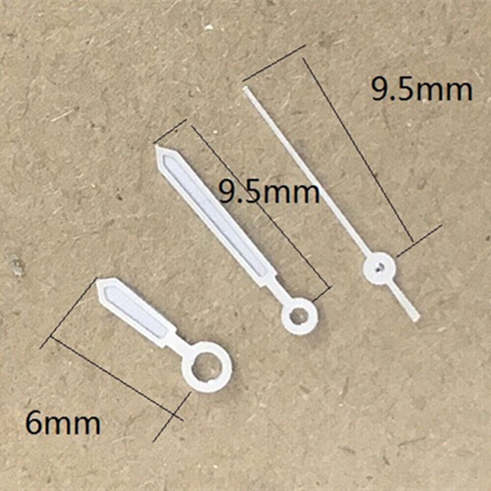 9.5mm white trimmed green lume watch hands for Miyota 1L12 Japan quartz movement, precision fit.